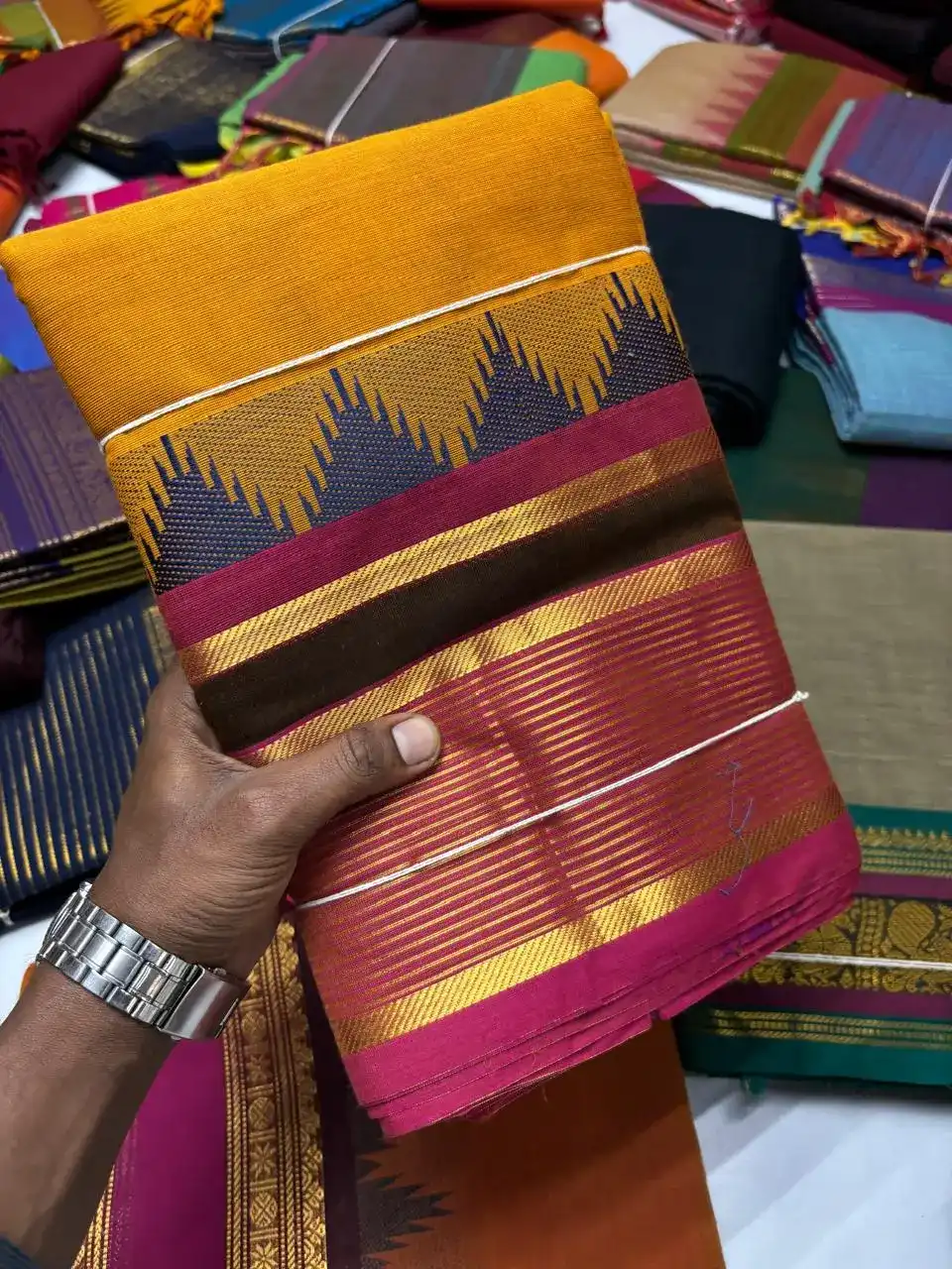 Mustard Yellow Kanchi Pure Cotton Saree